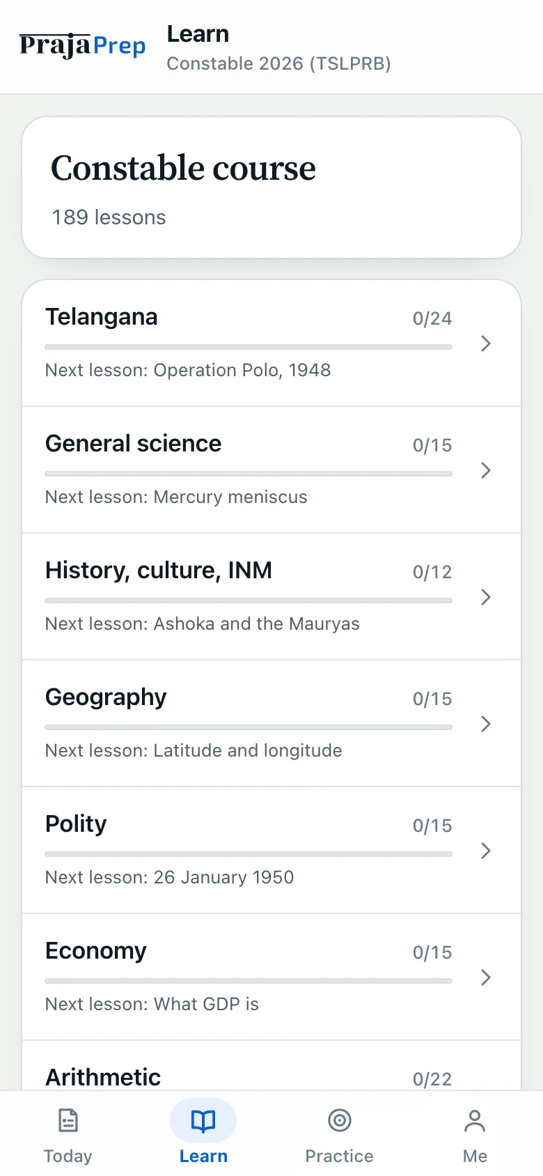 The Learn course screen